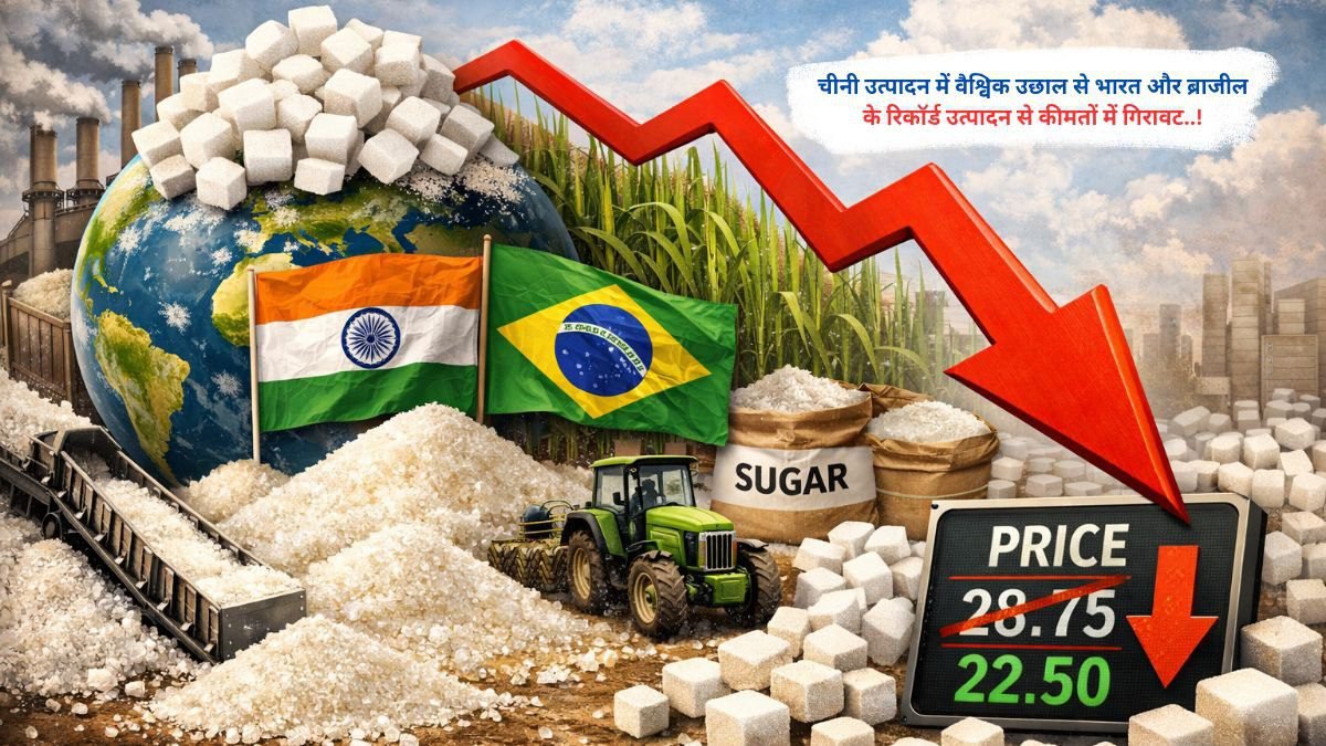 चीनी उत्पादन में वैश्विक उछाल से भारत और ब्राजील के रिकॉर्ड उत्पादन से कीमतों में गिरावट..!