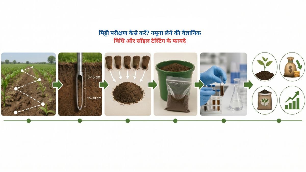 मिट्टी परीक्षण के लिए खेत से सही तरीके से नमूना लेते किसान, सॉइल टेस्टिंग की वैज्ञानिक विधि दर्शाता चित्र