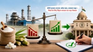 बिहार में चीनी मिल और गन्ना किसानों के बीच बढ़ते उत्पादन और घटते कोटा का प्रभाव दिखाता दृश्य