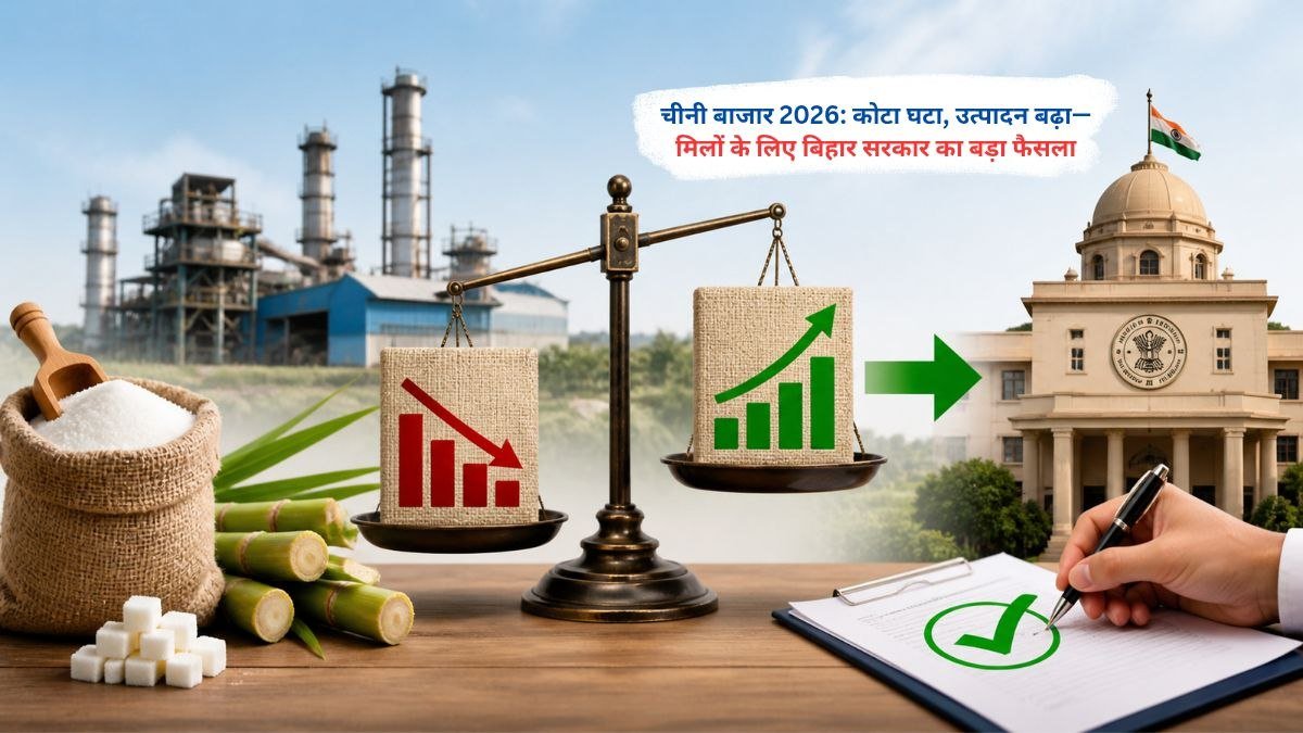 बिहार में चीनी मिल और गन्ना किसानों के बीच बढ़ते उत्पादन और घटते कोटा का प्रभाव दिखाता दृश्य