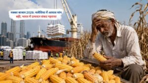 मक्का बाजार 2026 में मलेशिया की बढ़ती आयात मांग और भारत में उत्पादन संकट को दर्शाता दृश्य