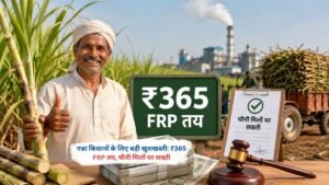 गन्ना किसानों को ₹365 FRP मिलने और चीनी मिलों पर सख्ती का प्रतीकात्मक दृश्य