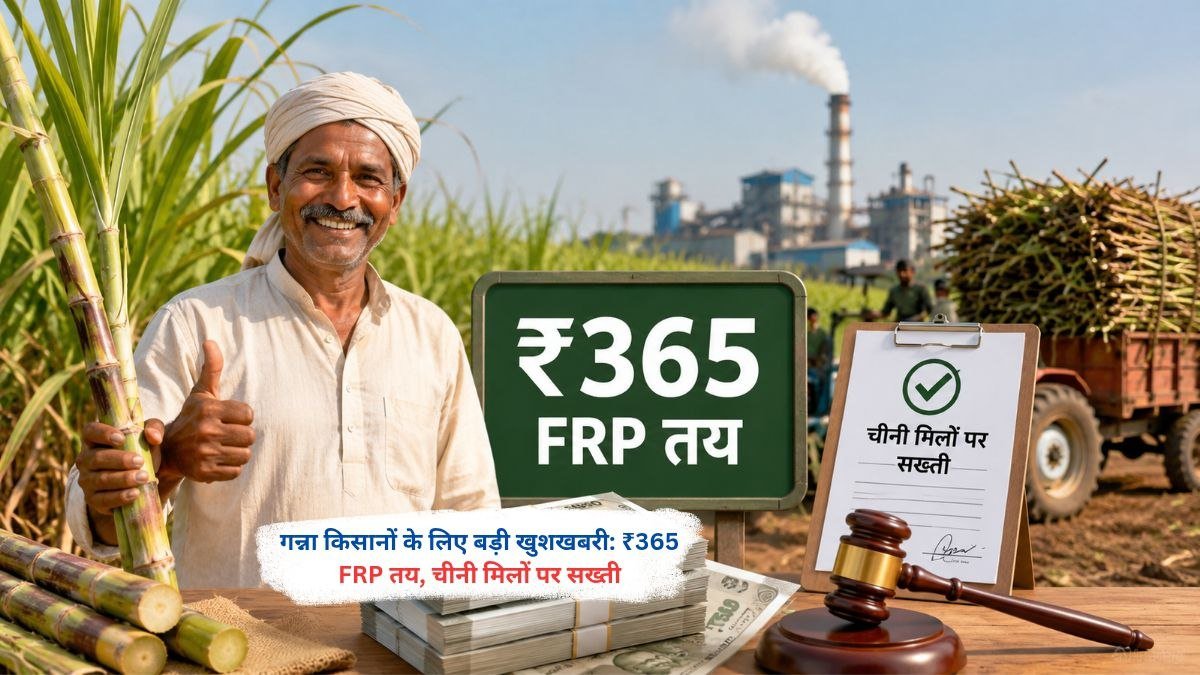 गन्ना किसानों को ₹365 FRP मिलने और चीनी मिलों पर सख्ती का प्रतीकात्मक दृश्य
