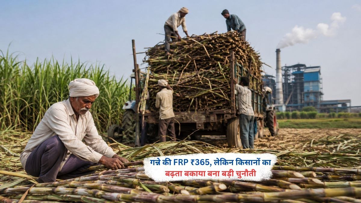 भारत में गन्ने की FRP ₹365 तय होने के बाद भी चीनी मिलों पर किसानों का बढ़ता बकाया और चीनी निर्यात की स्थिति दर्शाती तस्वीर