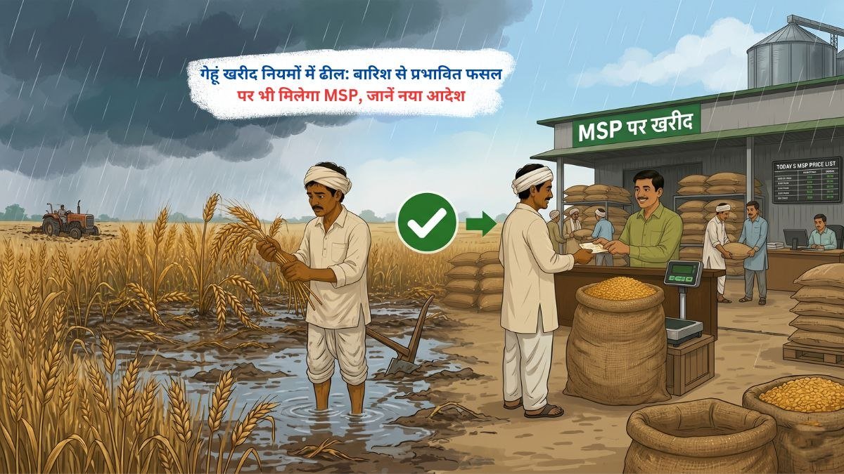 ### 🖼️ Alt Text: बारिश से प्रभावित गेहूं की फसल की सरकारी खरीद और MSP से जुड़ा नया आदेश दर्शाती छवि