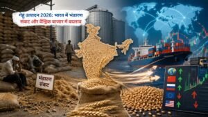 भारत में गेहूं उत्पादन 2026 के संदर्भ में भंडारण संकट और वैश्विक बाजार में बदलाव को दर्शाता कृषि आधारित दृश्य।