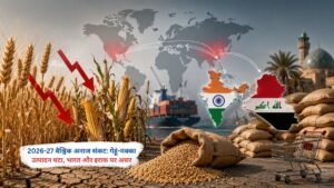 वैश्विक अनाज संकट 2026-27 में गेहूं और मक्का उत्पादन में गिरावट दर्शाता कृषि दृश्य, भारत और इराक में बढ़ती खाद्य चुनौतियां