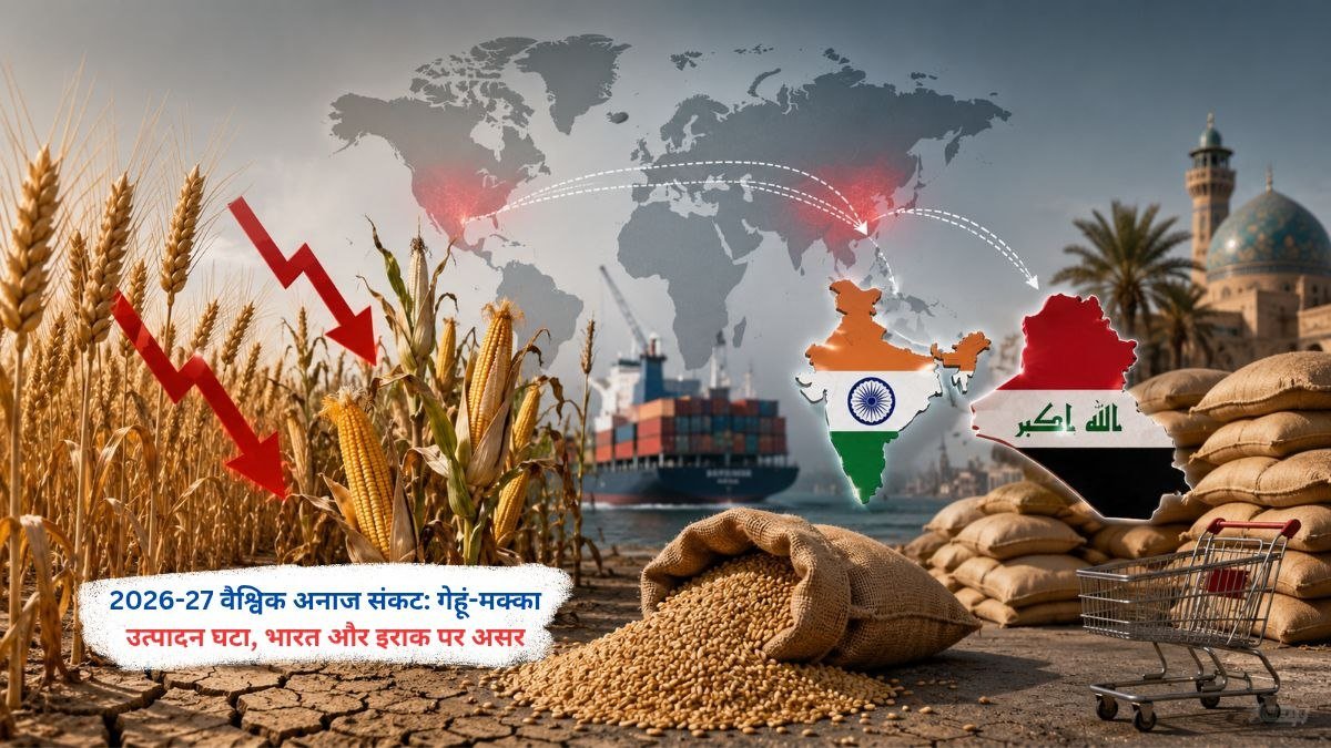वैश्विक अनाज संकट 2026-27 में गेहूं और मक्का उत्पादन में गिरावट दर्शाता कृषि दृश्य, भारत और इराक में बढ़ती खाद्य चुनौतियां