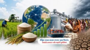 वैश्विक चावल बाज़ार 2026 में ओडिशा की मुफ्त वितरण योजना और श्रीलंका के रिकॉर्ड उत्पादन को दर्शाता दृश्य