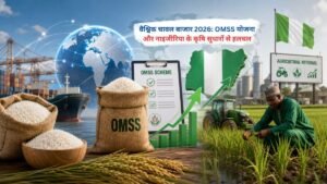 वैश्विक चावल बाजार 2026 में भारत की OMSS योजना और नाइजीरिया के कृषि सुधारों का प्रभाव दिखाता चित्र