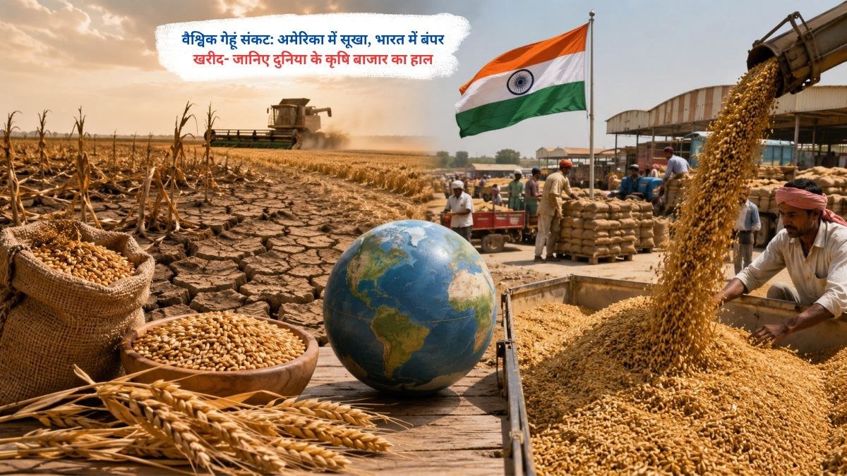 वैश्विक गेहूं संकट 2026 में अमेरिका में सूखे से प्रभावित फसल और भारत में बंपर गेहूं खरीद का दृश्य