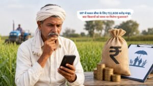 मध्य प्रदेश में फसल बीमा योजना के लिए ₹11,608 करोड़ मंजूर होने के बाद किसान मुआवजे की उम्मीद करते हुए।