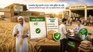 मध्यप्रदेश गेहूं उपार्जन 2026 में स्लॉट बुकिंग बढ़ने और गुणवत्ता मानकों में राहत के साथ किसान सरकारी खरीद केंद्र पर गेहूं बेचते हुए