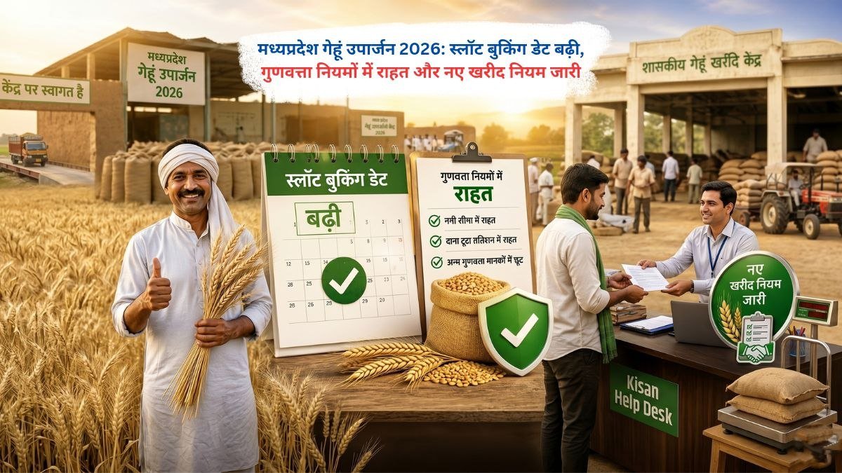 मध्यप्रदेश गेहूं उपार्जन 2026 में स्लॉट बुकिंग बढ़ने और गुणवत्ता मानकों में राहत के साथ किसान सरकारी खरीद केंद्र पर गेहूं बेचते हुए