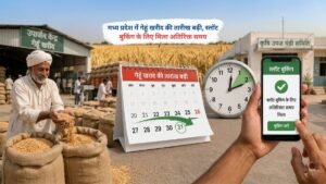 मध्य प्रदेश में गेहूं खरीद की बढ़ी तारीख और स्लॉट बुकिंग के लिए अतिरिक्त समय की जानकारी देते किसान और खरीद केंद्र का दृश्य
