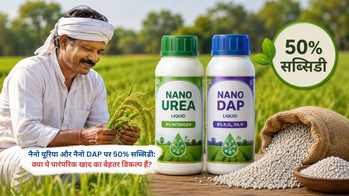 नैनो यूरिया और नैनो DAP पर 50% सब्सिडी के साथ खेत में उर्वरक छिड़कते किसान