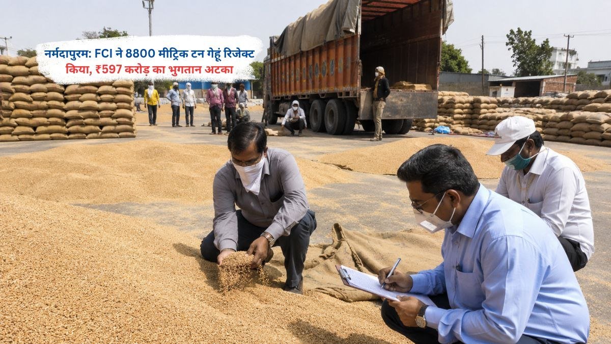 नर्मदापुरम में FCI द्वारा 8800 मीट्रिक टन गेहूं रिजेक्ट करने के बाद किसानों का भुगतान अटका हुआ दृश्य
