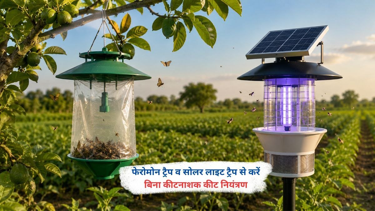 फेरोमोन ट्रैप और सोलर लाइट ट्रैप से खेत में कीट नियंत्रण करते किसान
