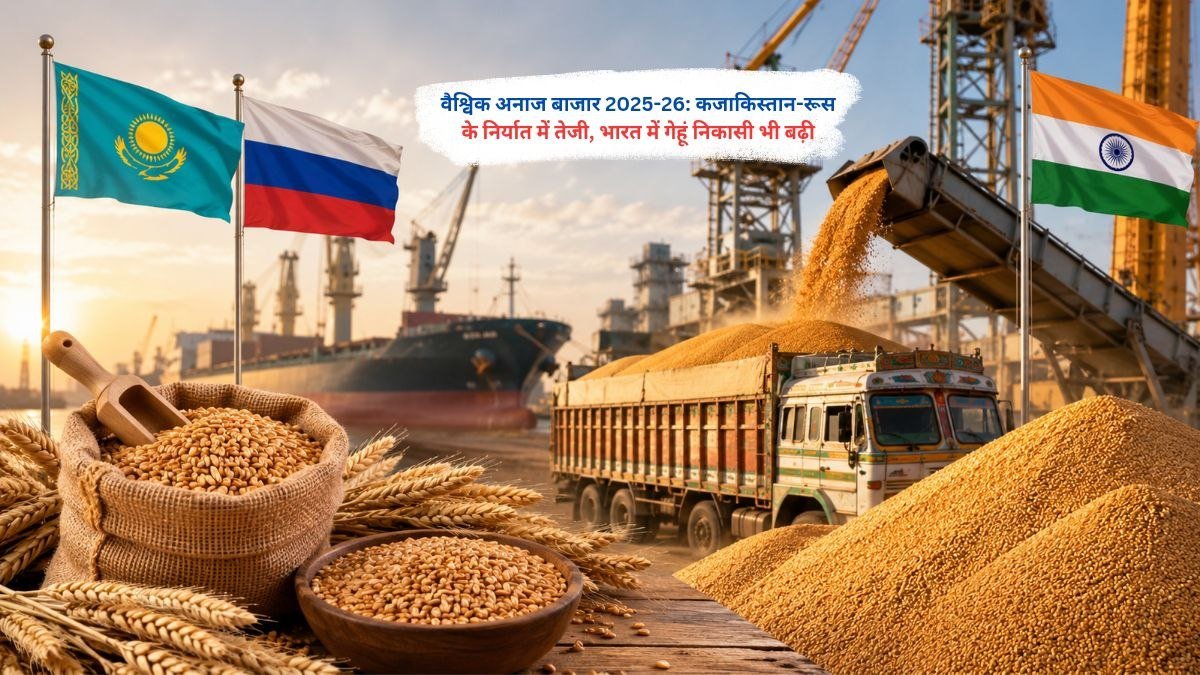 2025-26 वैश्विक अनाज बाजार में रूस और कजाकिस्तान के निर्यात में वृद्धि और भारत में गेहूं निकासी की तेजी दर्शाता चित्र