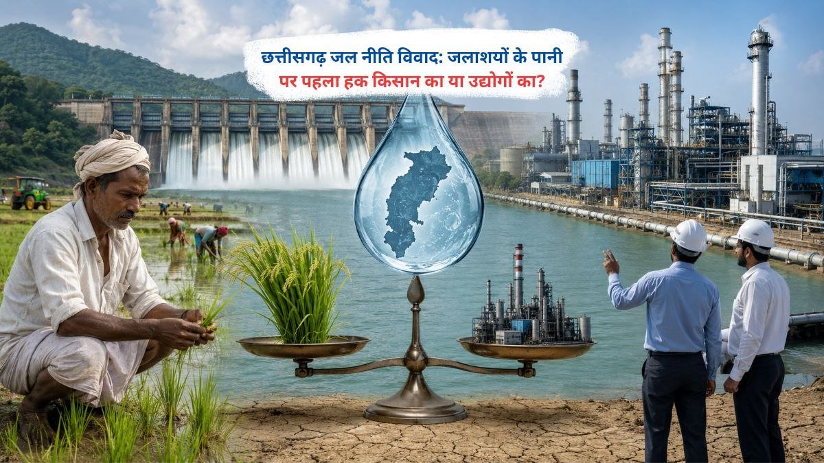 छत्तीसगढ़ जल नीति विवाद में जलाशयों के पानी पर किसान और उद्योगों के अधिकार को दर्शाता दृश्य