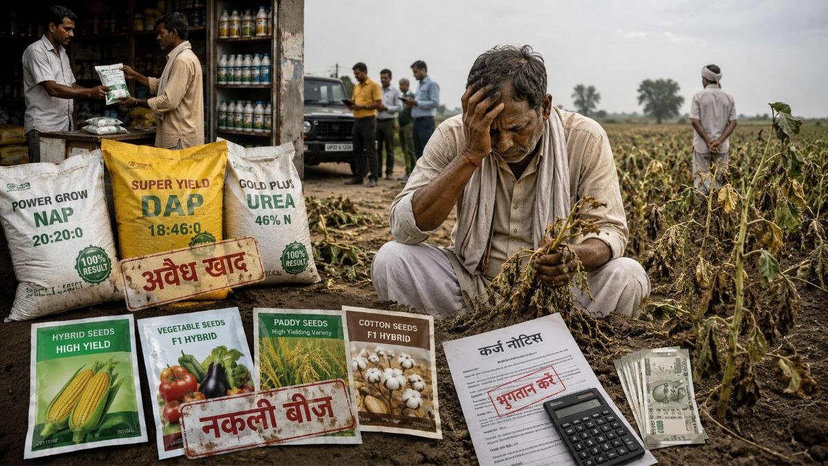 अवैध खाद और नकली बीज के कारण फसल नुकसान की चिंता में खेत में खड़ा किसान
