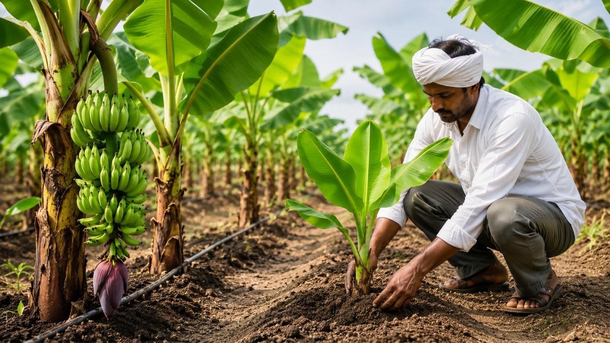 केले के बाग में स्वस्थ केले के पौधे, वैज्ञानिक खेती के सिद्धांत से अधिक उपज प्राप्त करते किसान।