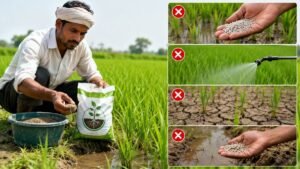धान के खेत में माइकोराइजा का सही उपयोग करते किसान, माइकोराइजा डालते समय होने वाली 4 बड़ी गलतियों की जानकारी