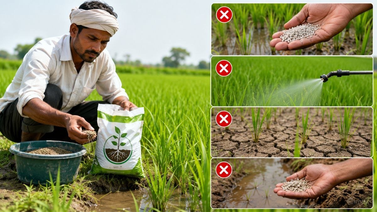 धान के खेत में माइकोराइजा का सही उपयोग करते किसान, माइकोराइजा डालते समय होने वाली 4 बड़ी गलतियों की जानकारी