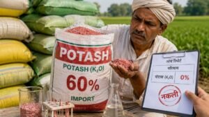 60% पोटाश लिखी उर्वरक की बोरी की जांच में 0% पोटाश मिलने का प्रतीकात्मक चित्र