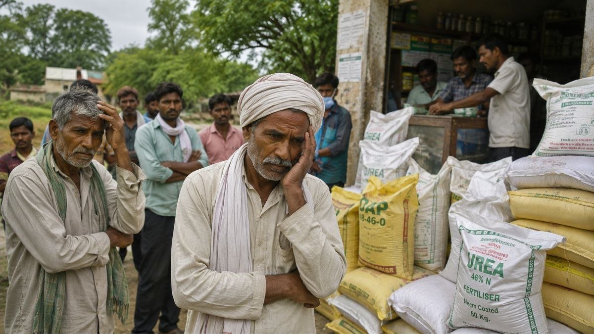 खाद की किल्लत और बढ़ती खेती लागत से परेशान भारतीय किसान खेत में चिंता व्यक्त करते हुए।