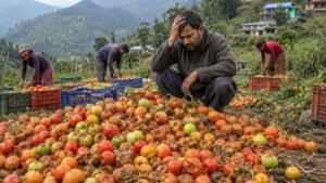 हिमाचल के जुंगा क्षेत्र में टमाटर की कीमतों में भारी गिरावट से चिंतित किसान और मंडी में रखे टमाटर।