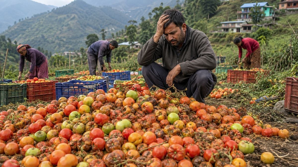 हिमाचल के जुंगा क्षेत्र में टमाटर की कीमतों में भारी गिरावट से चिंतित किसान और मंडी में रखे टमाटर।