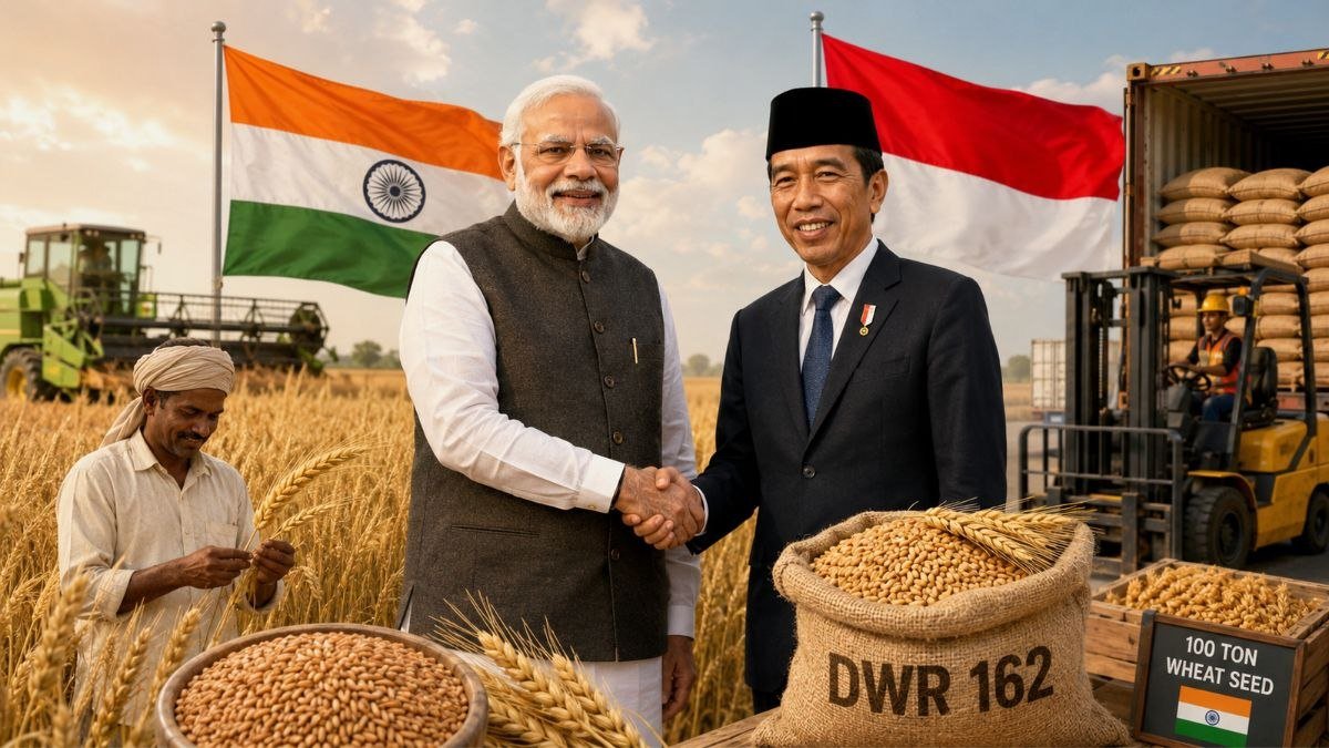पीएम मोदी की घोषणा के बाद भारत द्वारा इंडोनेशिया को 100 टन DWR 162 गेहूं बीज निर्यात का सांकेतिक चित्र।