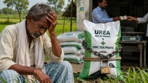 खरीफ सीजन में यूरिया के साथ जिंक की जबरन टैगिंग से परेशान किसान उर्वरक केंद्र पर।