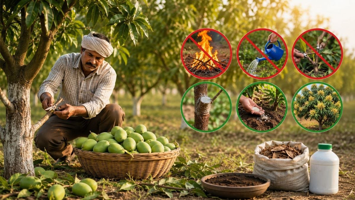 आम की तुड़ाई के बाद अगले साल भरपूर बौर और बेहतर उत्पादन के लिए पेड़ की देखभाल करते किसान।