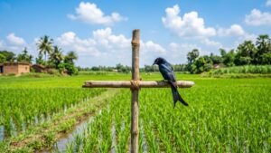 धान के हरे-भरे खेत में लगा बर्ड पर्च (पक्षी बैठका) टावर, जिस पर बैठा कीटभक्षी पक्षी प्राकृतिक रूप से तना छेदक कीट का नियंत्रण कर रहा है।