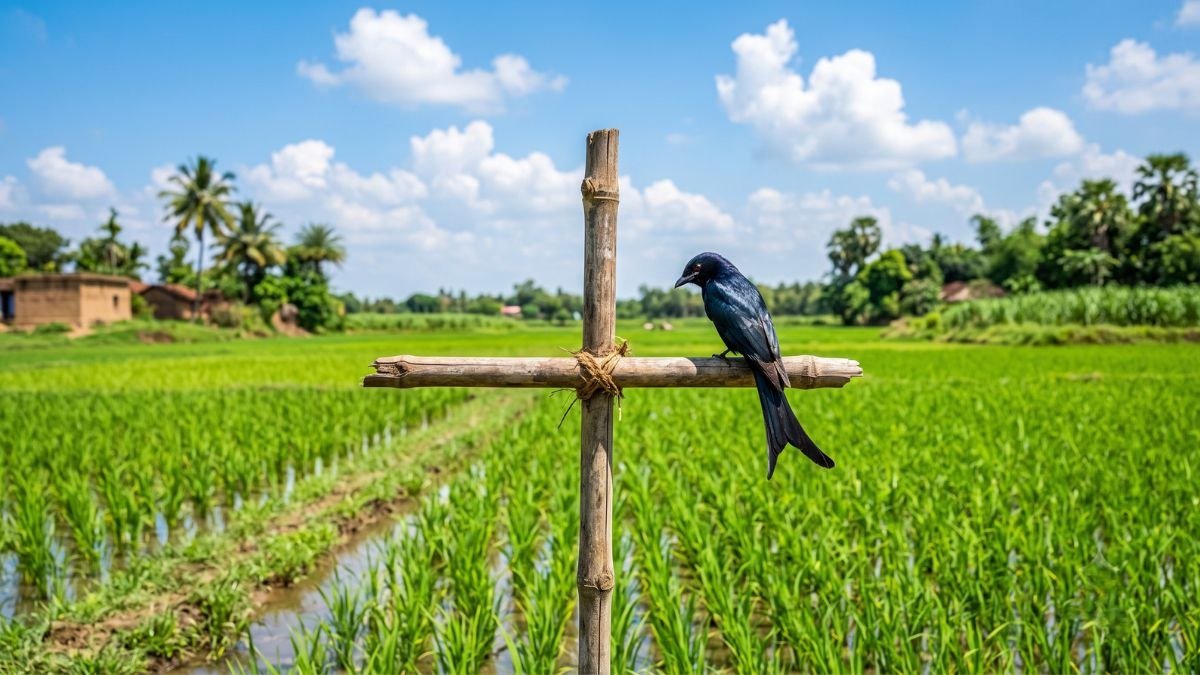 धान के हरे-भरे खेत में लगा बर्ड पर्च (पक्षी बैठका) टावर, जिस पर बैठा कीटभक्षी पक्षी प्राकृतिक रूप से तना छेदक कीट का नियंत्रण कर रहा है।