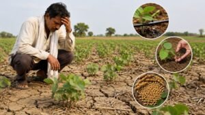 सोयाबीन की बुवाई के बाद सूखे से प्रभावित खेत का निरीक्षण करते किसान, वैज्ञानिक प्रबंधन उपाय।
