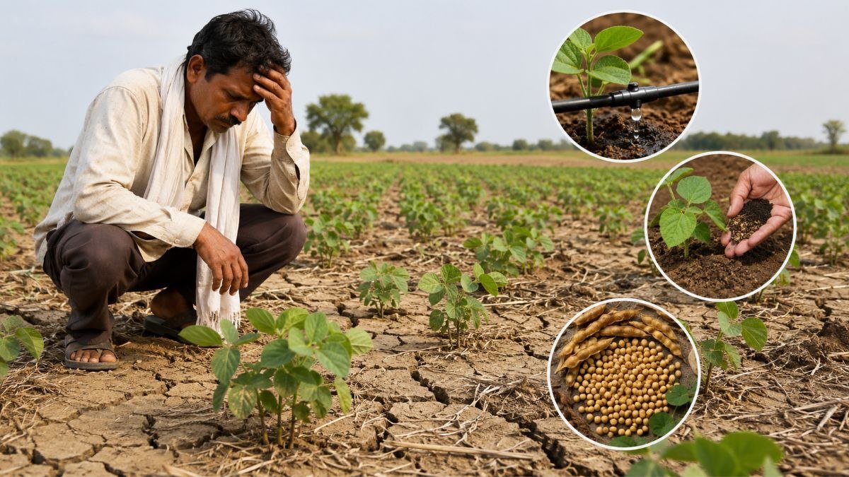 सोयाबीन की बुवाई के बाद सूखे से प्रभावित खेत का निरीक्षण करते किसान, वैज्ञानिक प्रबंधन उपाय।
