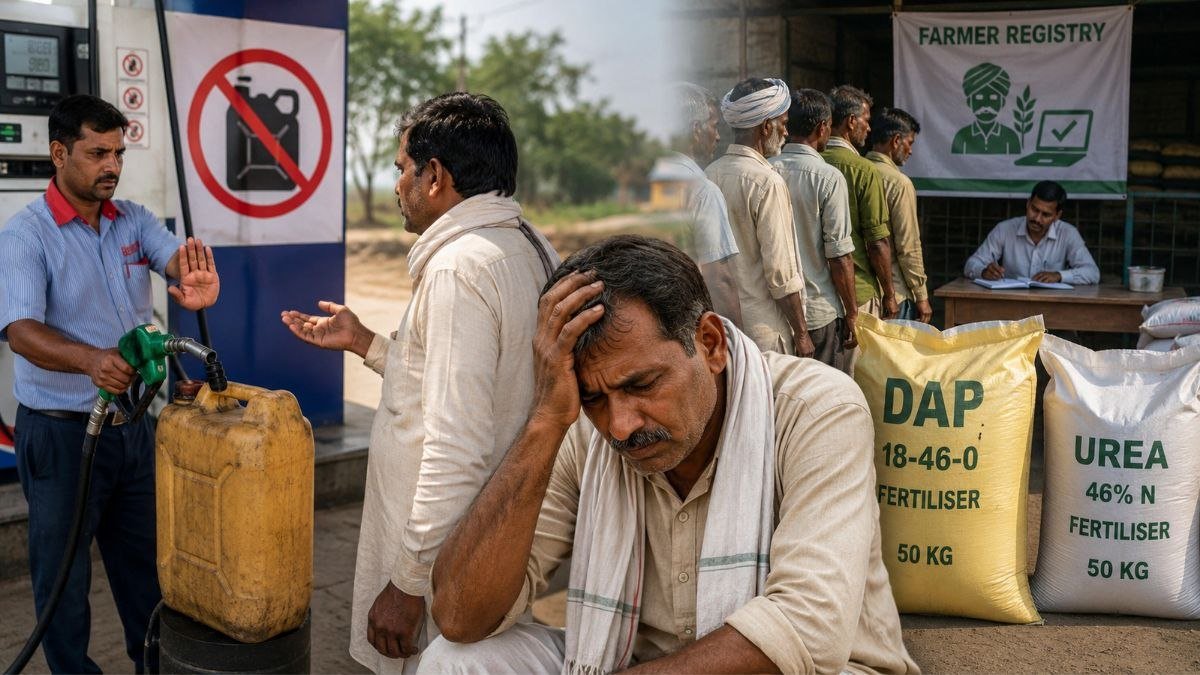 यूपी के हरदोई में जरीकेन में डीजल पर रोक और फार्मर रजिस्ट्री के कारण खाद वितरण में परेशानी का सांकेतिक दृश्य।