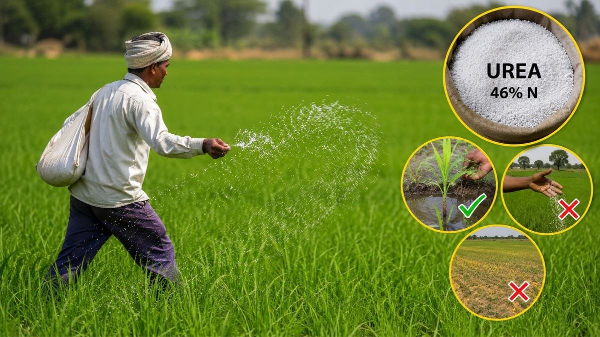 यूरिया देने का सही वैज्ञानिक तरीका बताते हुए खेत में यूरिया का संतुलित उपयोग करता किसान