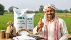 खरीफ 2026 में यूरिया की कीमतों में 40% गिरावट से किसानों और सरकार को राहत का प्रतीकात्मक दृश्य।