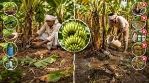 केले के स्वस्थ बाग में फसल का निरीक्षण करता किसान, वैज्ञानिक Do's & Don'ts अपनाकर उत्पादन, फल की गुणवत्ता और किसानों की आय बढ़ाने का दृश्य।