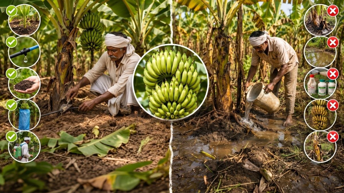 केले के स्वस्थ बाग में फसल का निरीक्षण करता किसान, वैज्ञानिक Do's & Don'ts अपनाकर उत्पादन, फल की गुणवत्ता और किसानों की आय बढ़ाने का दृश्य।