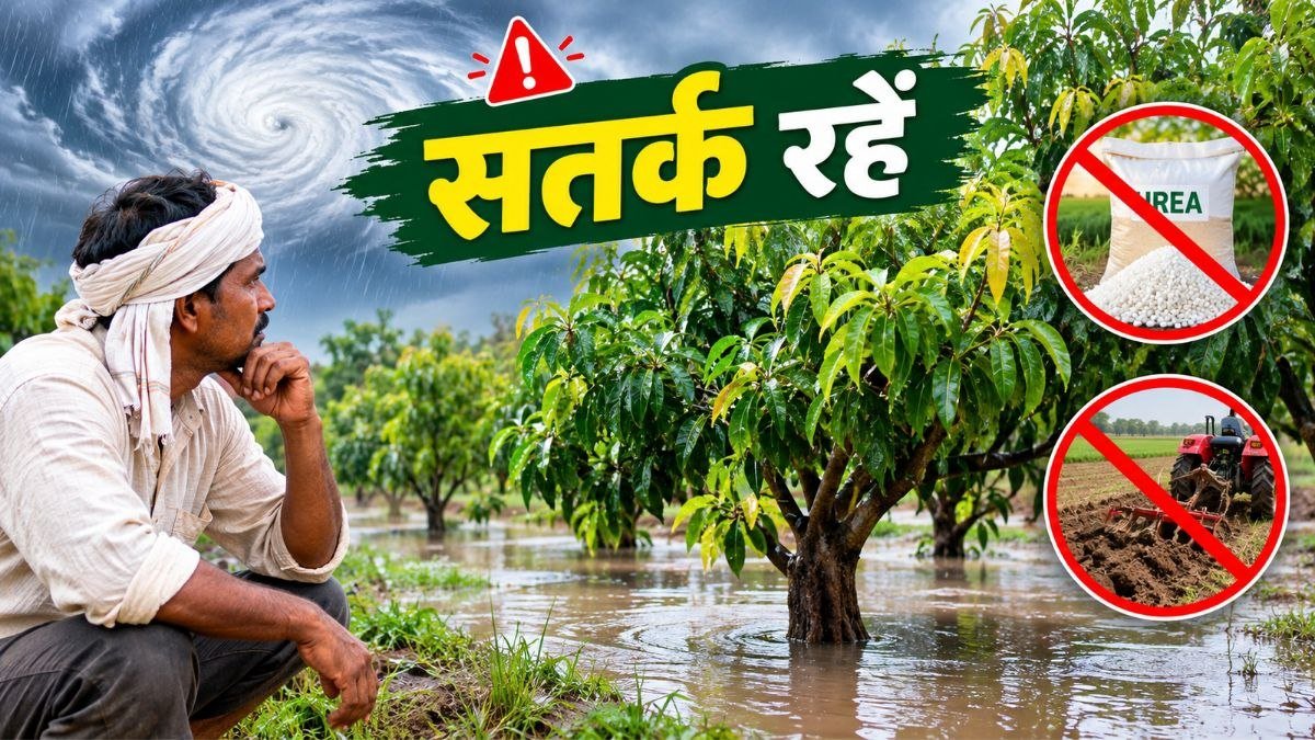 अर्णव चक्रवात की बारिश के बाद जलभराव से प्रभावित बाग और पेड़ों की जड़ें